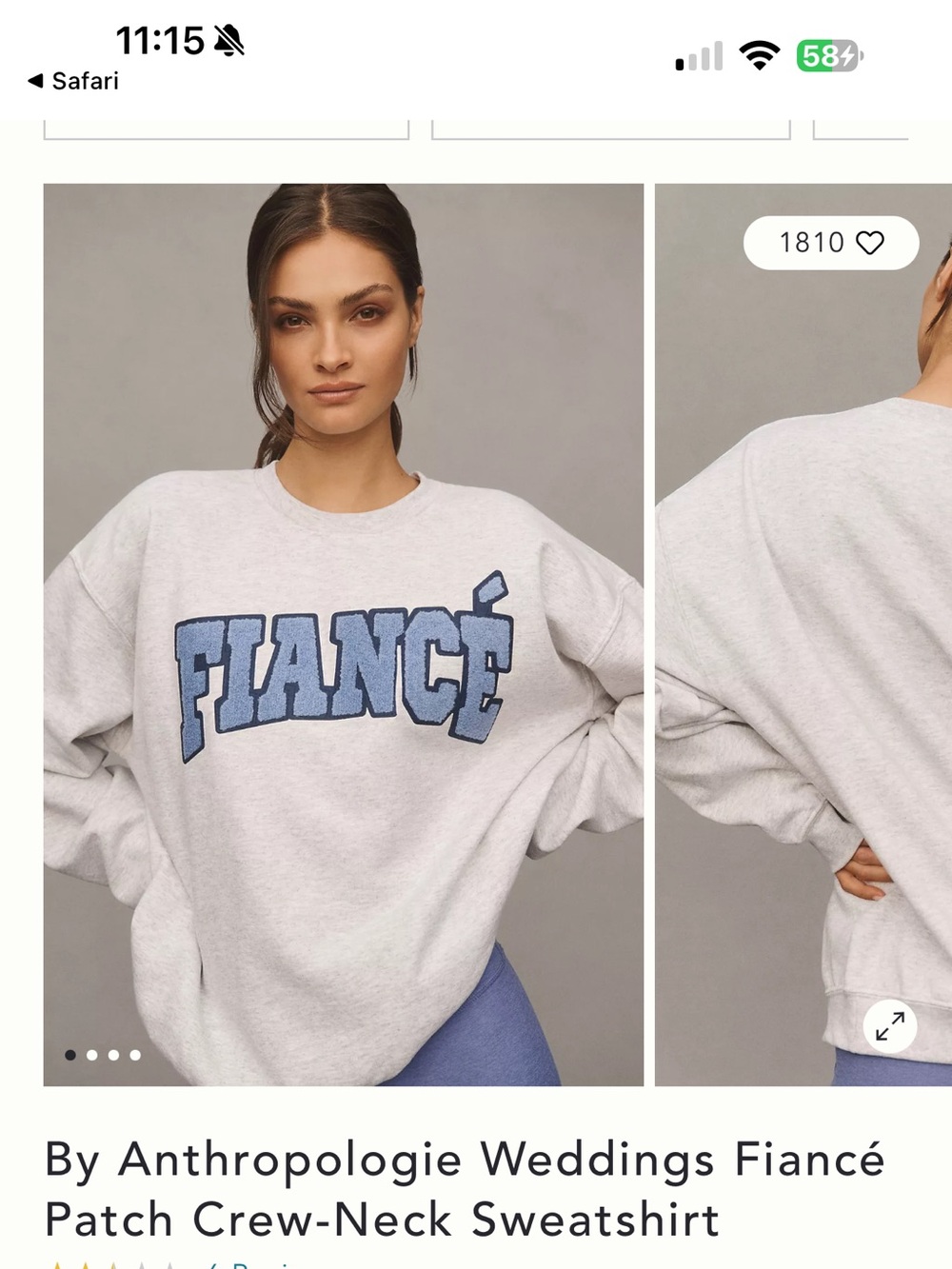 Anthropologie Light Grey Crewneck Sweatshirt with Blue 'FIANCÉ' Patch